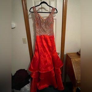 Red Sherri Hill formal fit and flare dress with sequins and keyhole back